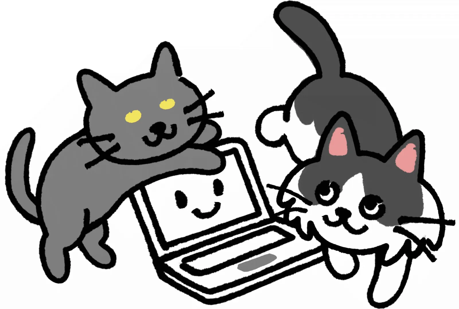 イラスト:微笑んでいるノートPCを中心に左に黒猫、右に白黒の猫が戯れている様子